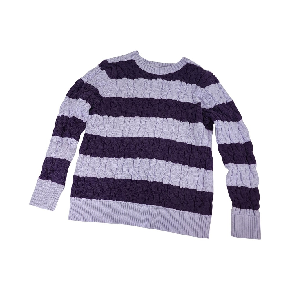 Lands End Drifter Purple Striped Cable Knit Cotton Sweater Womens Medium 10-12